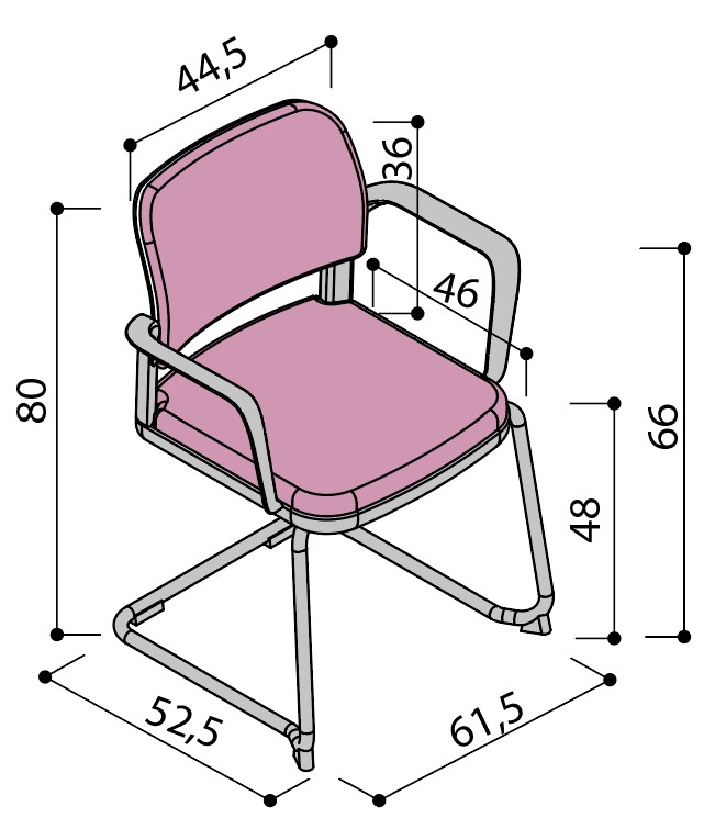 Sch&eacute;ma de la chaise Umbra enti&egrave;rement tapiss&eacute;e sur pi&eacute;tement luge avec accoudoirs, hauteur 80 cm