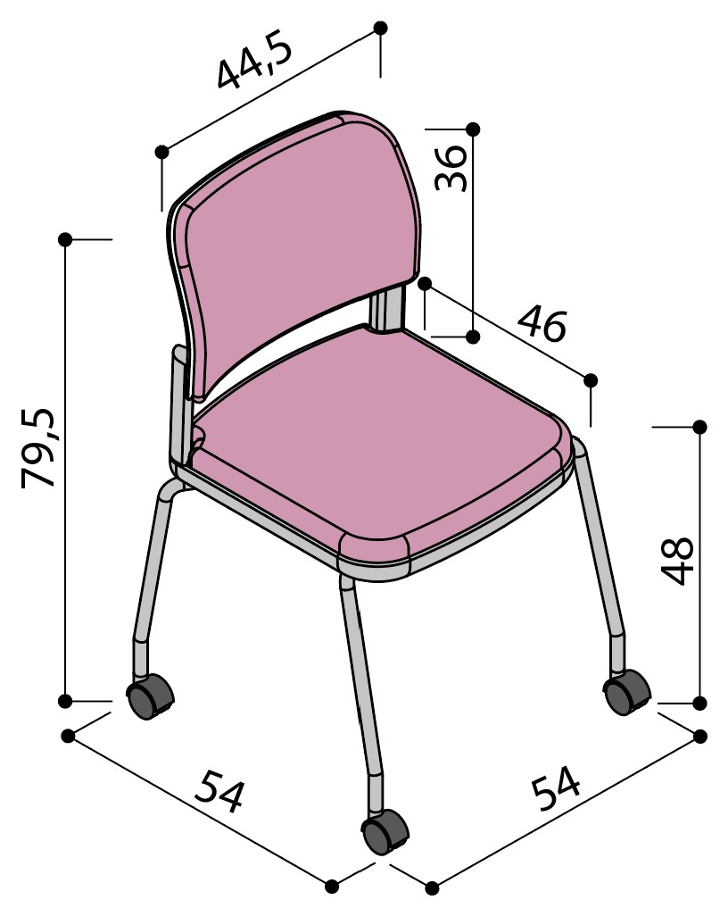 Sch&eacute;ma de la chaise Umbra enti&egrave;rement tapiss&eacute;e sur 4 pieds &agrave; roulettes, largeur 54 cm, hauteur 79,5 cm