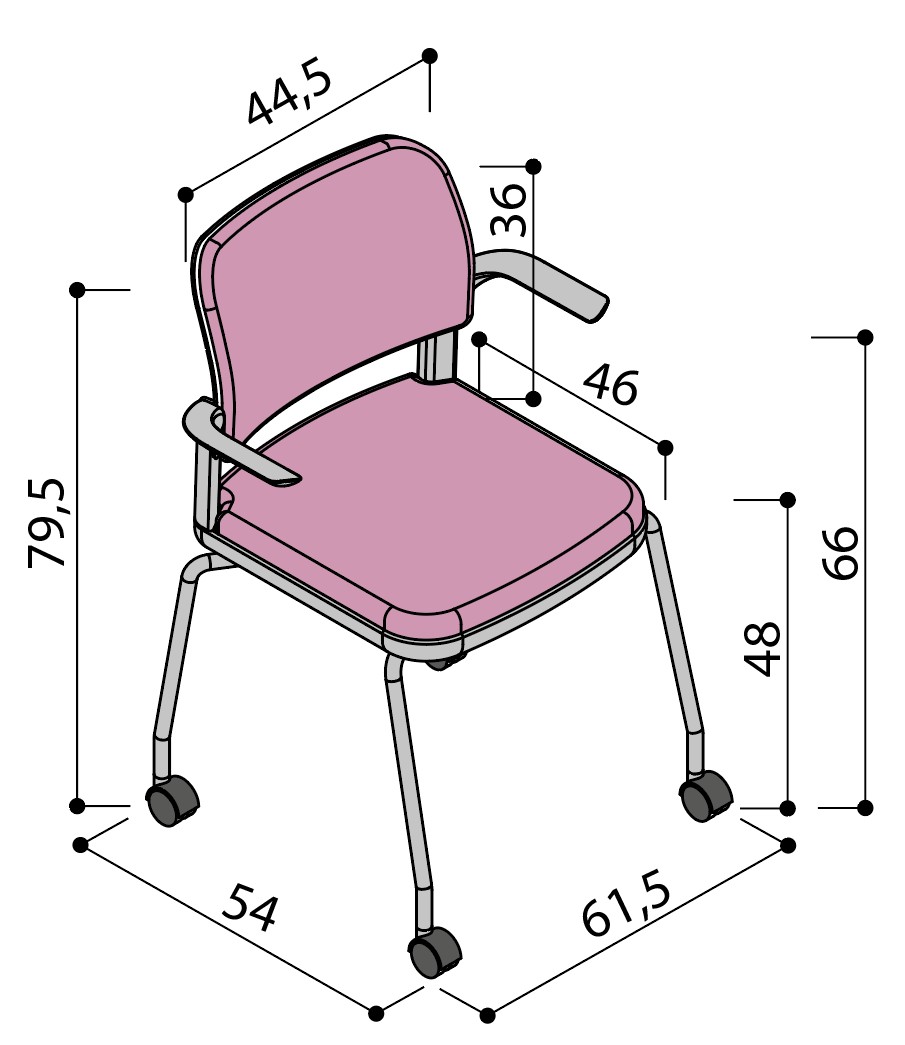 Sch&eacute;ma de la chaise Umbra enti&egrave;rement tapiss&eacute;e sur 4 pieds &agrave; roulettes avec tablette &eacute;critoire