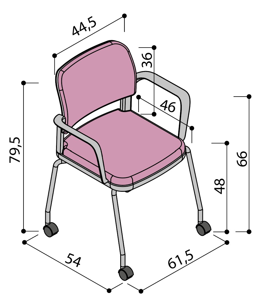 Sch&eacute;ma de la chaise Umbra enti&egrave;rement tapiss&eacute;e sur 4 pieds &agrave; roulettes avec accoudoirs, largeur 54 cm