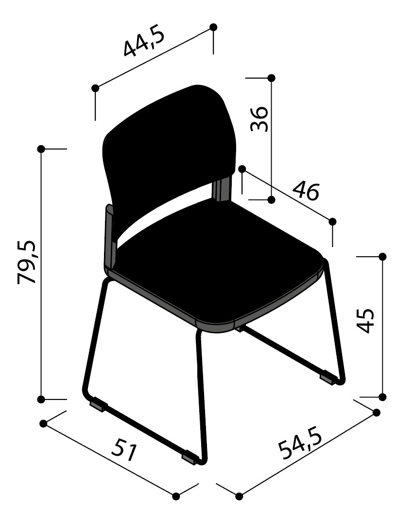 Sch&eacute;ma de la chaise Umbra tapiss&eacute;e sur pi&eacute;tement luge sans accoudoirs, largeur 51 cm, hauteur 79,5 cm