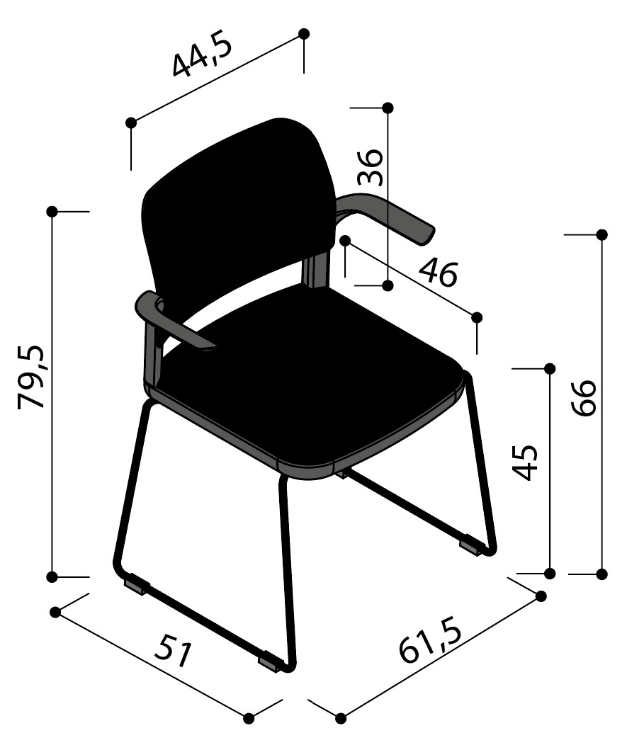 Sch&eacute;ma de la chaise Umbra tapiss&eacute;e sur pi&eacute;tement luge avec tablette &eacute;critoire, hauteur 79,5 cm