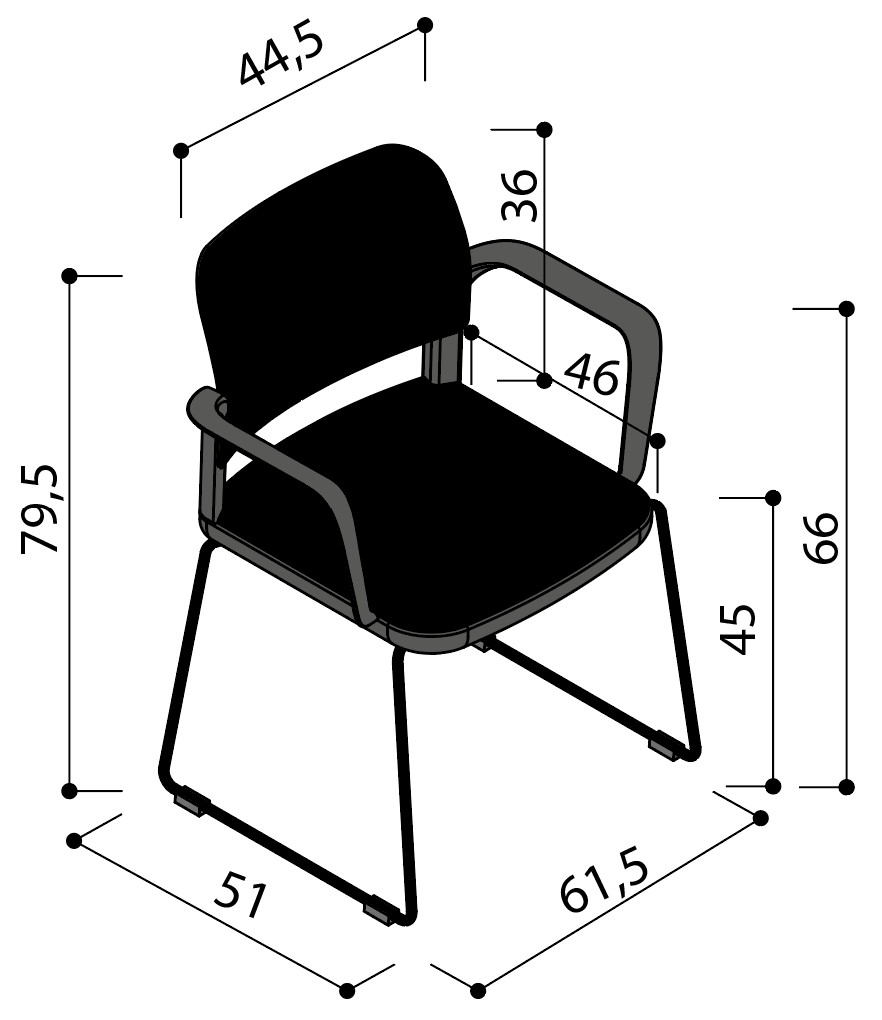 Sch&eacute;ma de la chaise Umbra tapiss&eacute;e sur pi&eacute;tement luge avec accoudoirs, largeur 51 cm, hauteur 79,5 cm