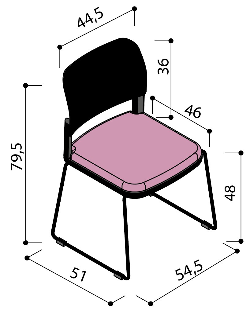 Sch&eacute;ma de la chaise Umbra &agrave; assise tapiss&eacute;e sur pi&eacute;tement luge sans accoudoirs, largeur 51 cm, hauteur 79,5 cm