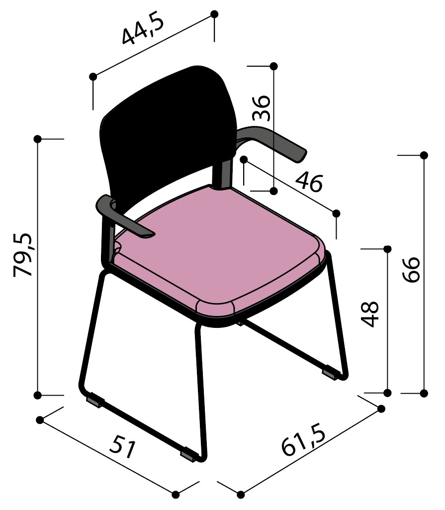 Sch&eacute;ma de la chaise Umbra &agrave; assise tapiss&eacute;e sur pi&eacute;tement luge avec tablette &eacute;critoire, hauteur 79,5 cm