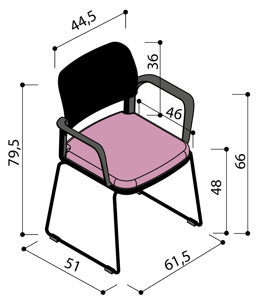Sch&eacute;ma de la chaise Umbra &agrave; assise tapiss&eacute;e sur pi&eacute;tement luge avec accoudoirs, largeur 51 cm, hauteur 79,5 cm