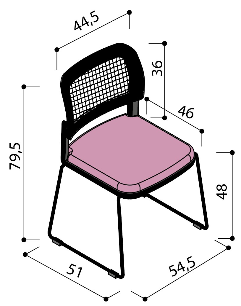 Sch&eacute;ma de la chaise Umbra dossier r&eacute;sille sur pi&eacute;tement luge sans accoudoirs, largeur 51 cm, hauteur 79,5 cm