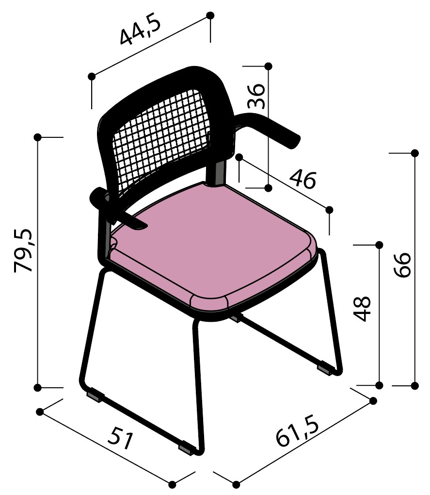 Sch&eacute;ma de la chaise Umbra dossier r&eacute;sille sur pi&eacute;tement luge avec tablette &eacute;critoire, hauteur 79,5 cm
