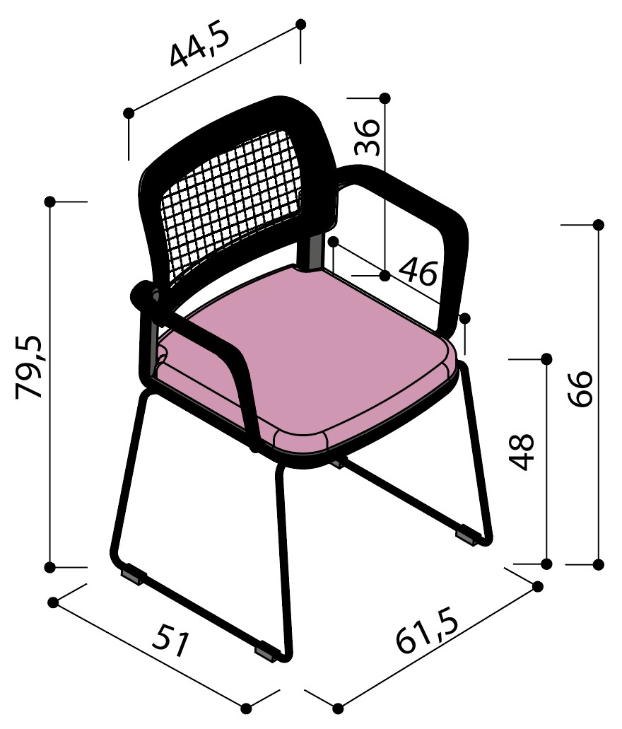 Sch&eacute;ma de la chaise Umbra dossier r&eacute;sille sur pi&eacute;tement luge avec accoudoirs, largeur 51 cm, hauteur 79,5 cm