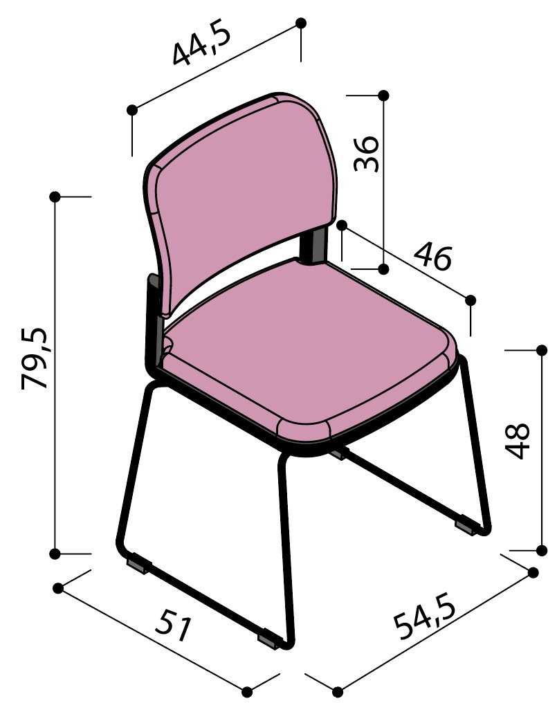 Sch&eacute;ma de la chaise Umbra enti&egrave;rement tapiss&eacute;e sur pi&eacute;tement luge, largeur 51 cm, hauteur 79,5 cm