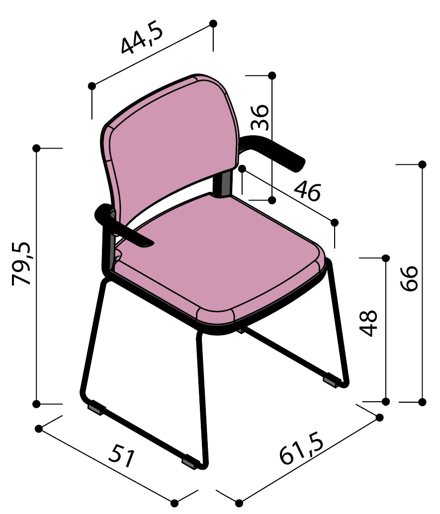Sch&eacute;ma de la chaise Umbra enti&egrave;rement tapiss&eacute;e sur pi&eacute;tement luge avec tablette &eacute;critoire, hauteur 79,5 cm