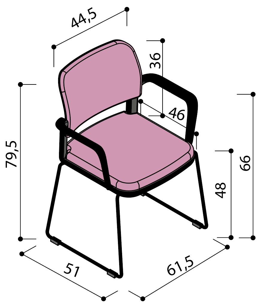 Sch&eacute;ma de la chaise Umbra enti&egrave;rement tapiss&eacute;e sur pi&eacute;tement luge avec accoudoirs, largeur 51 cm, hauteur 79,5 cm