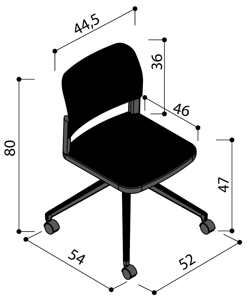 Sch&eacute;ma de la chaise Umbra tapiss&eacute;e sur &eacute;toile &agrave; roulettes sans accoudoirs, largeur 54 cm, hauteur 80 cm