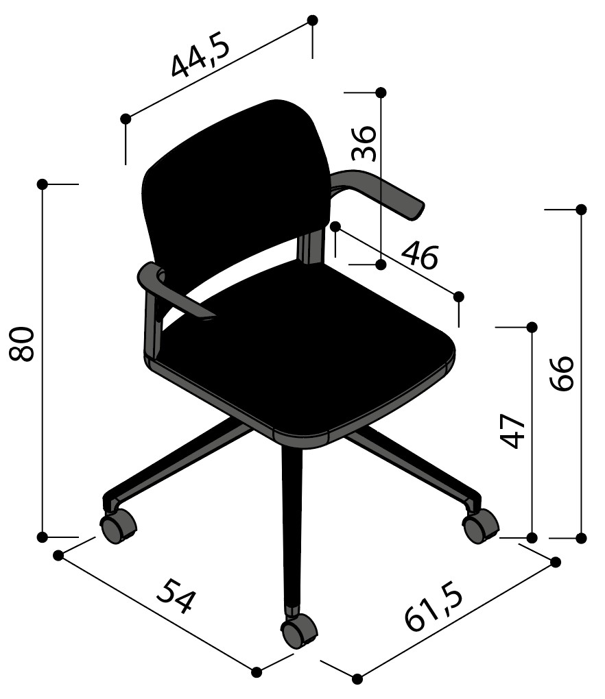 Sch&eacute;ma de la chaise Umbra tapiss&eacute;e sur &eacute;toile &agrave; roulettes avec tablette &eacute;critoire, hauteur 80 cm