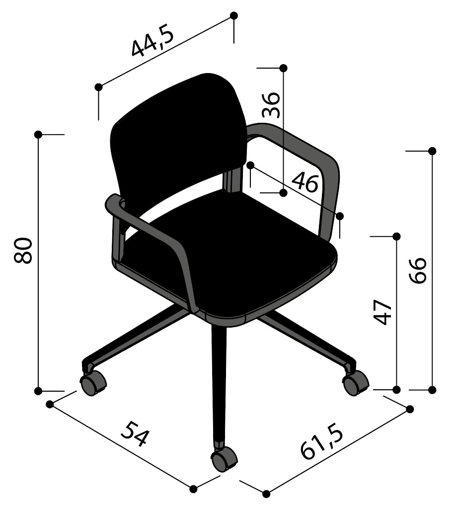 Sch&eacute;ma de la chaise Umbra tapiss&eacute;e sur &eacute;toile &agrave; roulettes avec accoudoirs, largeur 54 cm, hauteur 80 cm