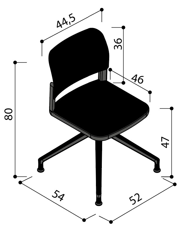 Sch&eacute;ma de la chaise Umbra tapiss&eacute;e sur &eacute;toile &agrave; patins sans accoudoirs, largeur 54 cm, hauteur 80 cm