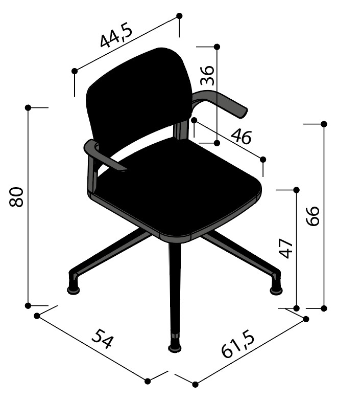 Sch&eacute;ma de la chaise Umbra tapiss&eacute;e sur &eacute;toile &agrave; patins avec tablette &eacute;critoire, hauteur 80 cm