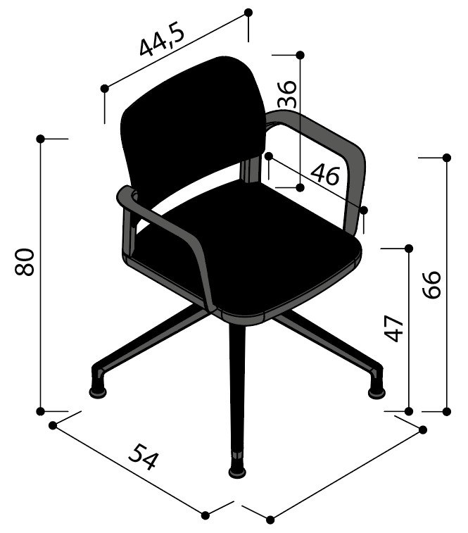 Sch&eacute;ma de la chaise Umbra tapiss&eacute;e sur &eacute;toile &agrave; patins avec accoudoirs, largeur 54 cm, hauteur 80 cm