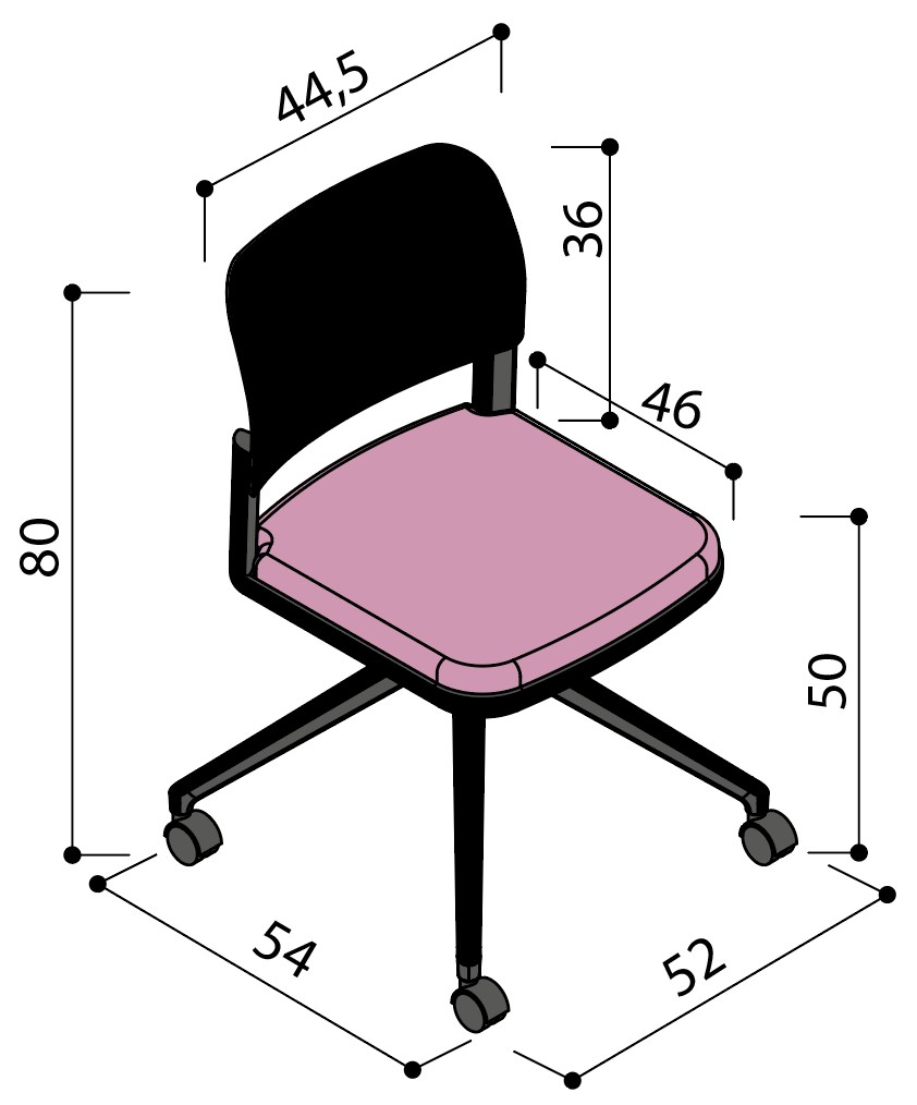 Sch&eacute;ma de la chaise Umbra &agrave; assise tapiss&eacute;e sur &eacute;toile &agrave; roulettes sans accoudoirs, largeur 54 cm, hauteur 80 cm