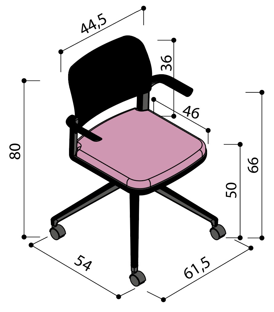 Sch&eacute;ma de la chaise Umbra &agrave; assise tapiss&eacute;e sur &eacute;toile &agrave; roulettes avec tablette &eacute;critoire, hauteur 80 cm