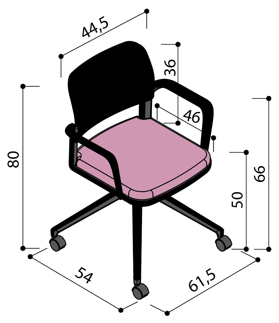 Sch&eacute;ma de la chaise Umbra &agrave; assise tapiss&eacute;e sur &eacute;toile &agrave; roulettes avec accoudoirs, largeur 54 cm, hauteur 80 cm