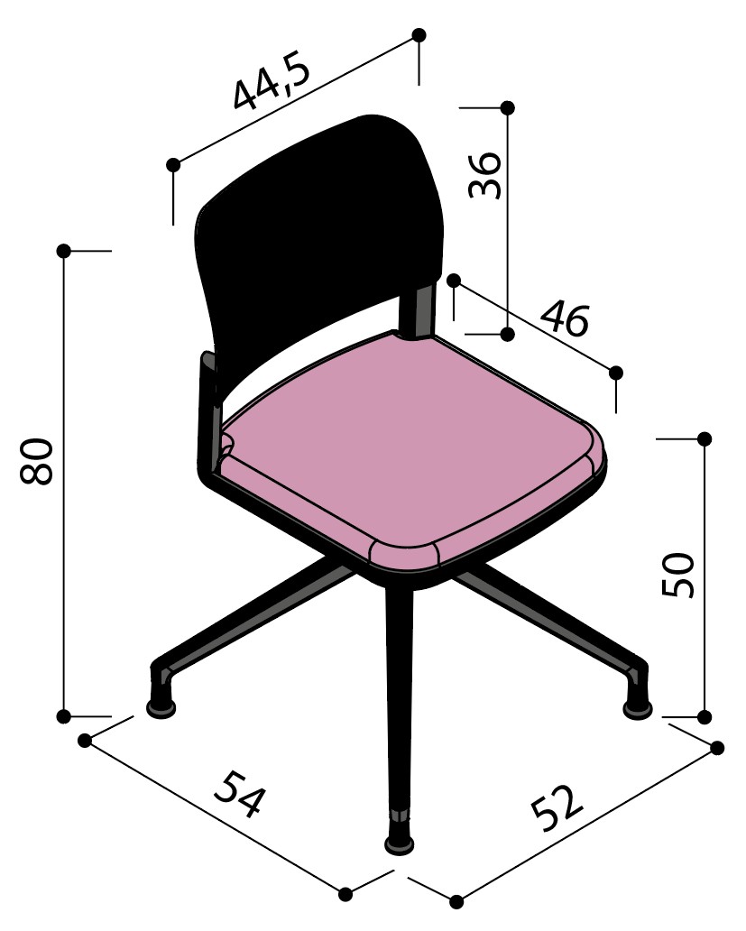 Sch&eacute;ma de la chaise Umbra &agrave; assise tapiss&eacute;e sur &eacute;toile &agrave; patins sans accoudoirs, largeur 54 cm, hauteur 80 cm