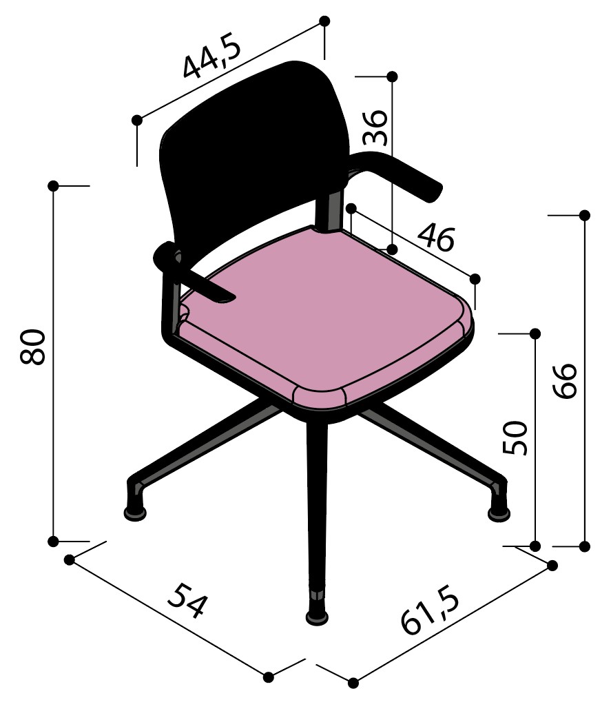 Sch&eacute;ma de la chaise Umbra &agrave; assise tapiss&eacute;e sur &eacute;toile &agrave; patins avec tablette &eacute;critoire, hauteur 80 cm