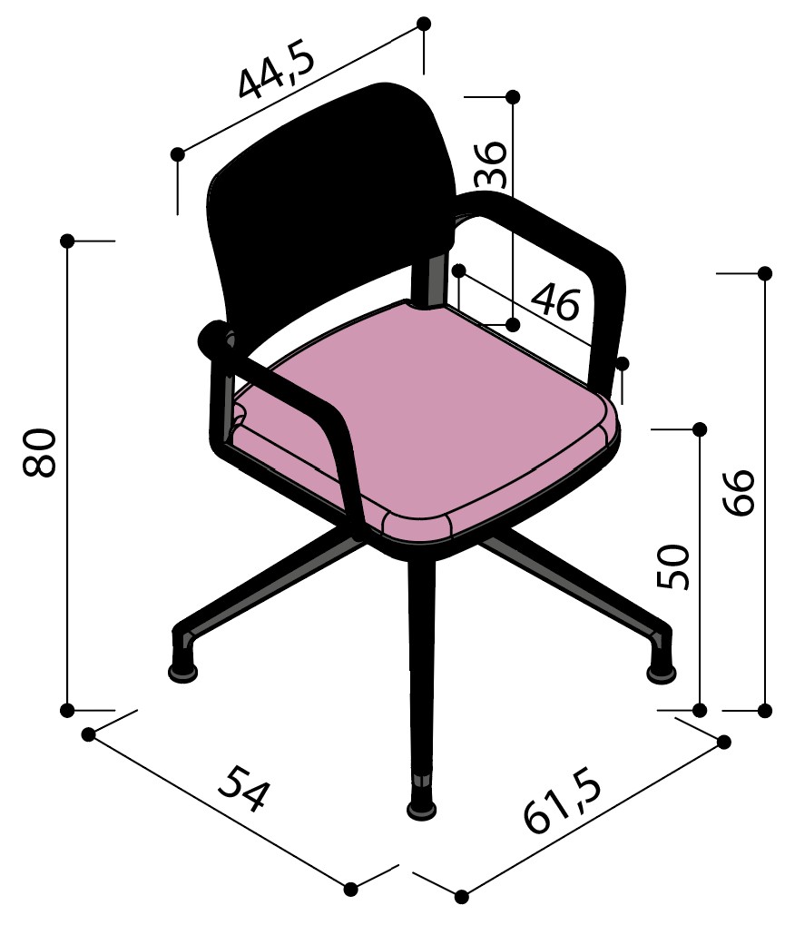 Sch&eacute;ma de la chaise Umbra &agrave; assise tapiss&eacute;e sur &eacute;toile &agrave; patins avec accoudoirs, largeur 54 cm, hauteur 80 cm