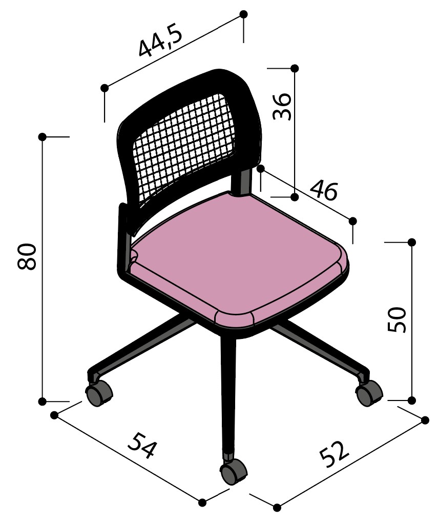 Sch&eacute;ma de la chaise Umbra dossier r&eacute;sille sur &eacute;toile &agrave; roulettes sans accoudoirs, largeur 54 cm, hauteur 80 cm