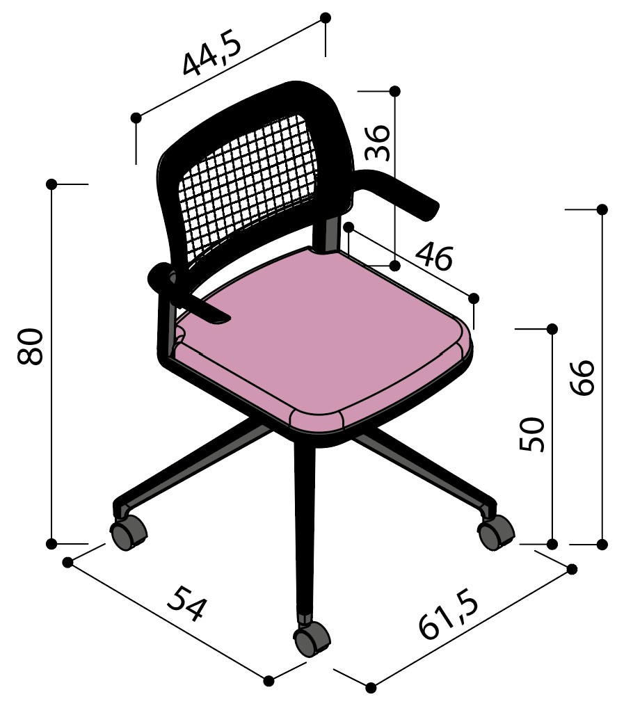 Sch&eacute;ma de la chaise Umbra dossier r&eacute;sille sur &eacute;toile &agrave; roulettes avec tablette &eacute;critoire, hauteur 80 cm