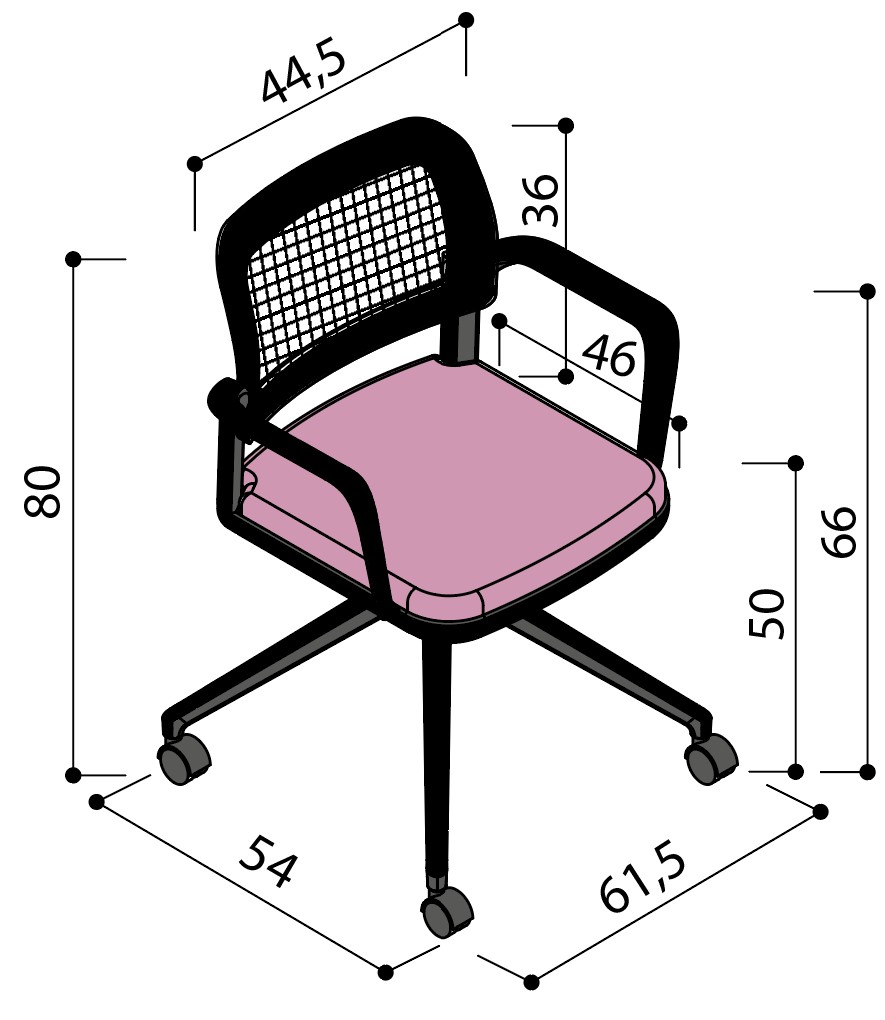 Sch&eacute;ma de la chaise Umbra dossier r&eacute;sille sur &eacute;toile &agrave; roulettes avec accoudoirs, largeur 54 cm, hauteur 80 cm