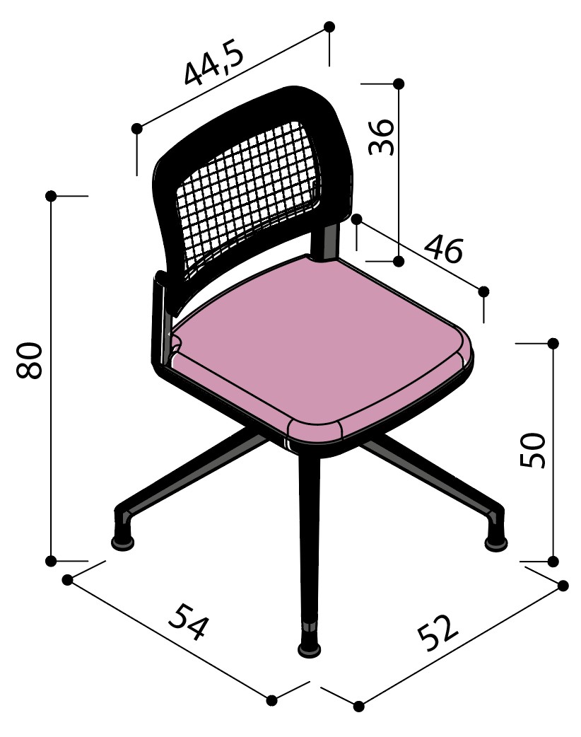 Sch&eacute;ma de la chaise Umbra dossier r&eacute;sille sur &eacute;toile &agrave; patins sans accoudoirs, largeur 54 cm, hauteur 80 cm