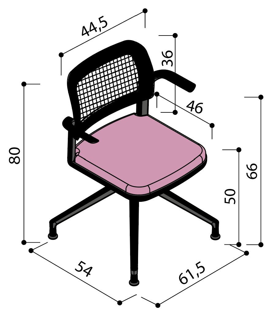 Sch&eacute;ma de la chaise Umbra dossier r&eacute;sille sur &eacute;toile &agrave; patins avec tablette &eacute;critoire, hauteur 80 cm