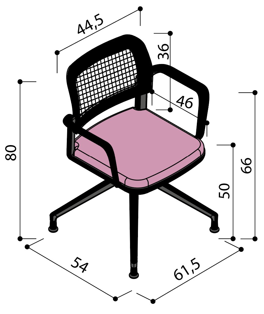 Sch&eacute;ma de la chaise Umbra dossier r&eacute;sille sur &eacute;toile &agrave; patins avec accoudoirs, largeur 54 cm, hauteur 80 cm
