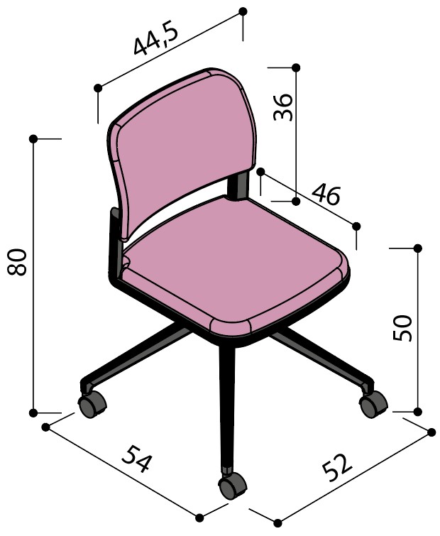 Sch&eacute;ma de la chaise Umbra enti&egrave;rement tapiss&eacute;e sur &eacute;toile &agrave; roulettes, largeur 54 cm, hauteur 80 cm