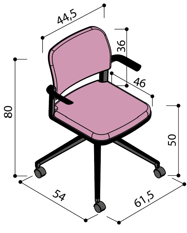 Sch&eacute;ma de la chaise Umbra enti&egrave;rement tapiss&eacute;e sur &eacute;toile &agrave; roulettes avec tablette &eacute;critoire, hauteur 80 cm