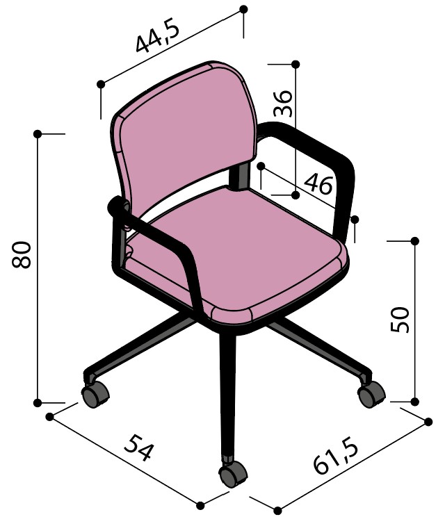 Sch&eacute;ma de la chaise Umbra enti&egrave;rement tapiss&eacute;e sur &eacute;toile &agrave; roulettes avec accoudoirs, largeur 54 cm, hauteur 80 cm