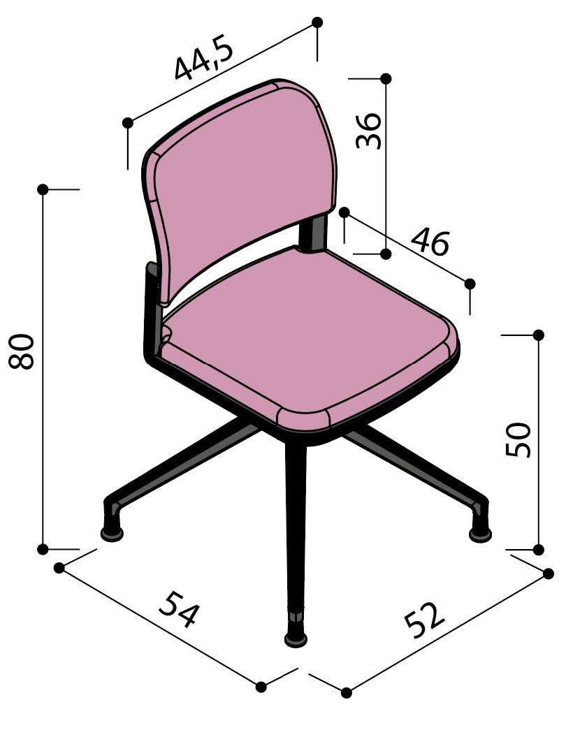 Sch&eacute;ma de la chaise Umbra enti&egrave;rement tapiss&eacute;e sur &eacute;toile &agrave; patins, largeur 54 cm, hauteur 80 cm