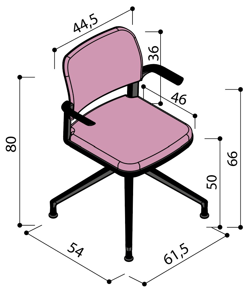 Sch&eacute;ma de la chaise Umbra enti&egrave;rement tapiss&eacute;e sur &eacute;toile &agrave; patins avec tablette &eacute;critoire, hauteur 80 cm