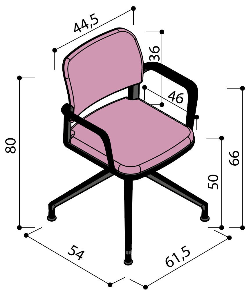 Sch&eacute;ma de la chaise Umbra enti&egrave;rement tapiss&eacute;e sur &eacute;toile &agrave; patins avec accoudoirs, largeur 54 cm, hauteur 80 cm