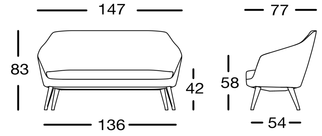 Schéma du canapé Vaiha 2 places sur 4 pieds, largeur 147 cm, hauteur 83 cm, assise 42 cm