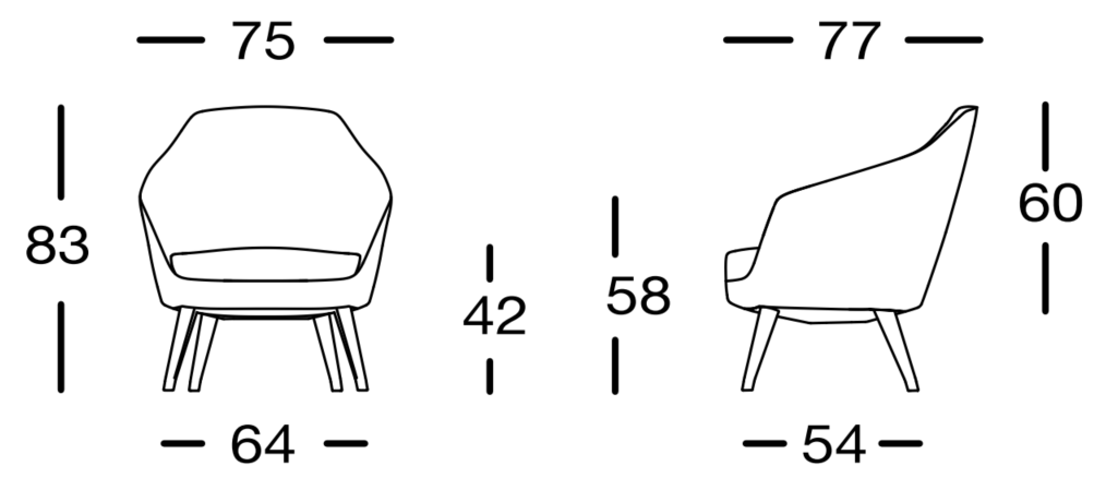Schéma de la chauffeuse Vaiha sur 4 pieds, largeur 75 cm, hauteur 83 cm, assise 42 cm
