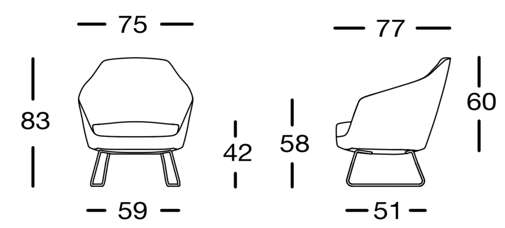 Schéma de la chauffeuse Vaiha sur piétement traîneau, largeur 75 cm, hauteur 83 cm, assise 42 cm