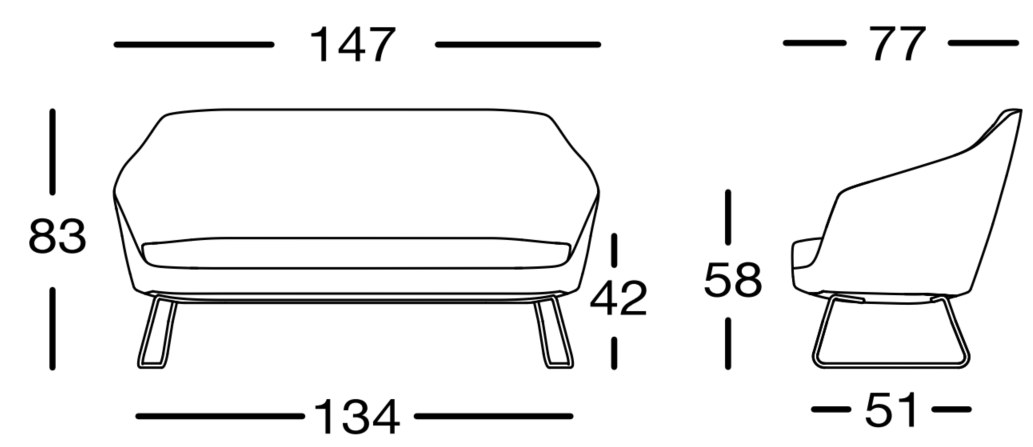 Schéma du canapé Vaiha 2 places sur piétement traîneau, largeur 147 cm, hauteur 83 cm, assise 42 cm