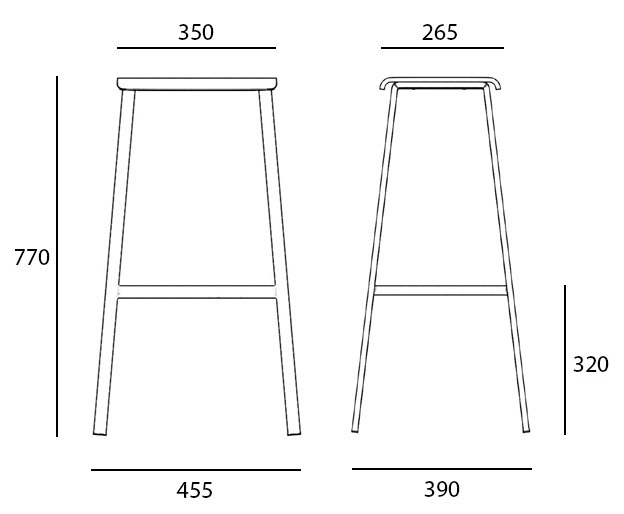 Sch&eacute;ma du tabouret haut Valira, cotes : assise 35 cm, hauteur 77 cm, repose-pieds 32 cm