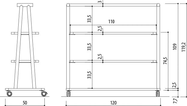 Schéma de la bibliothèque mobile Varano H119, sur roulettes, largeur 120 cm, hauteur 119 cm