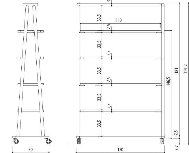 Schéma de la bibliothèque mobile Varano H191, sur roulettes, largeur 120 cm, hauteur 190 cm