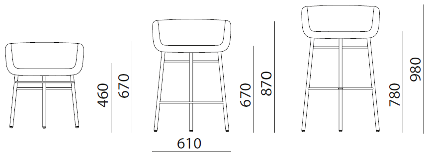 Sch&eacute;ma des tabourets Varone en trois hauteurs, assise 46, 67 et 78 cm