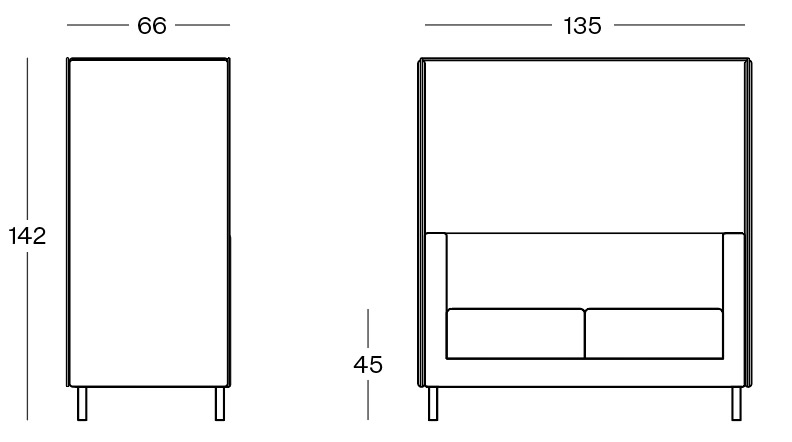 Sch&eacute;ma du canap&eacute; Velino 2 places avec &eacute;cran acoustique, largeur 135 cm, hauteur 142 cm, assise 45 cm
