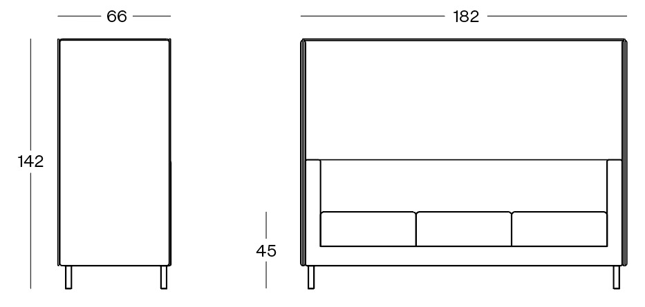 Sch&eacute;ma du canap&eacute; Velino 3 places avec &eacute;cran acoustique, largeur 182 cm, hauteur 142 cm, assise 45 cm